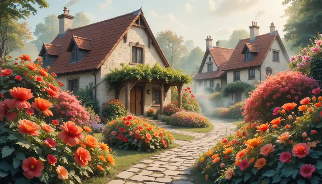 Cabañas de pueblo en acuarela entre exuberantes jardines floridos