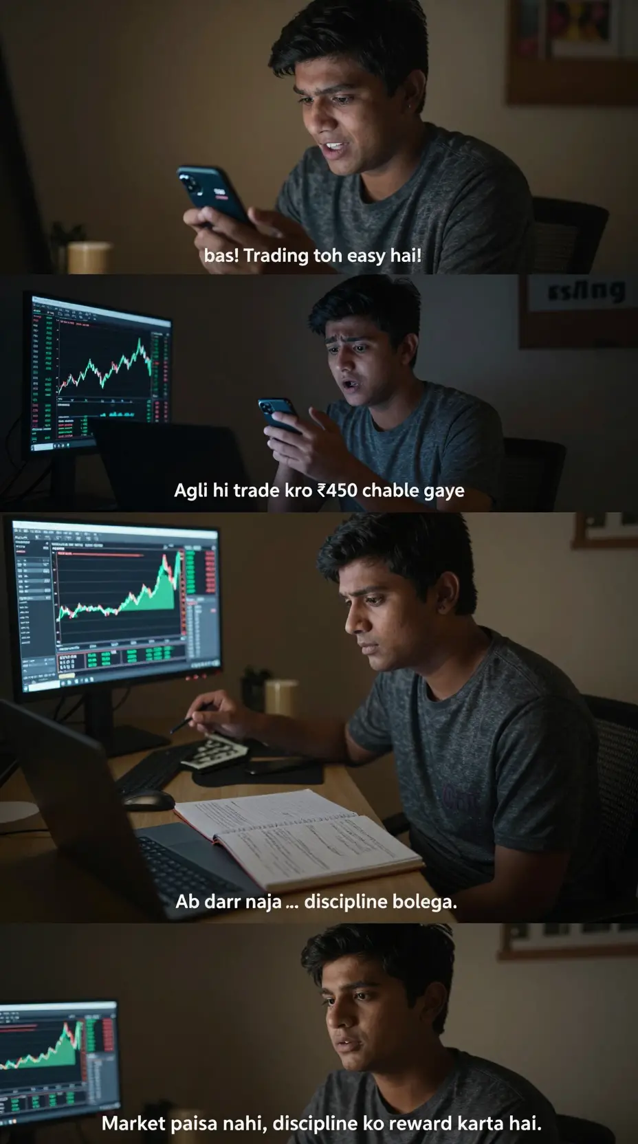 Joven de noche revisando su teléfono en el dormitorio