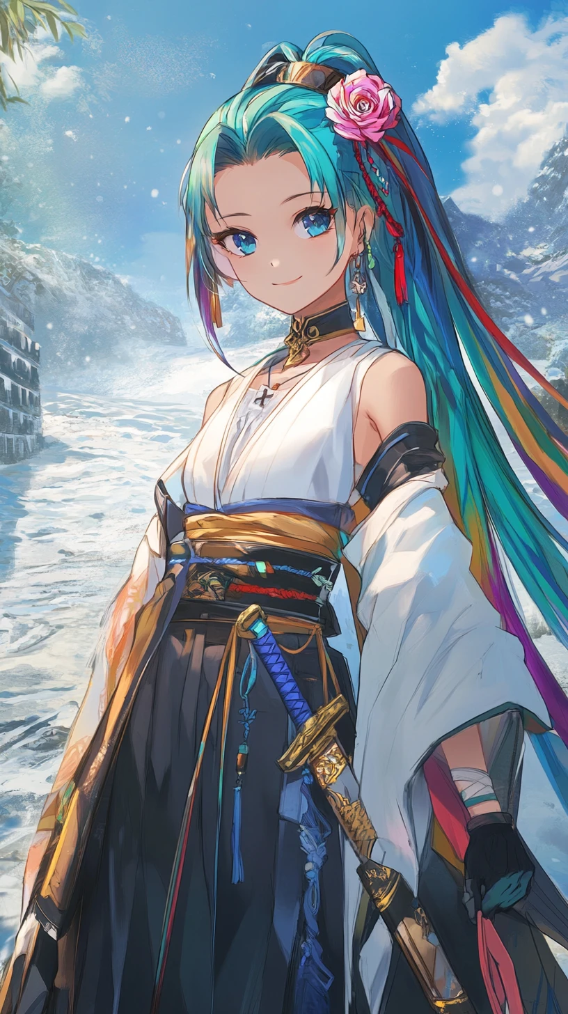 Chica de anime en un templo japonés en la ladera con puerta de piedra