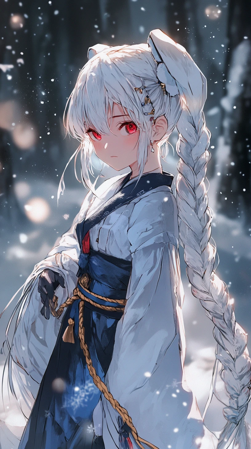 Chica de anime con trenzas blancas y falda azul manchada