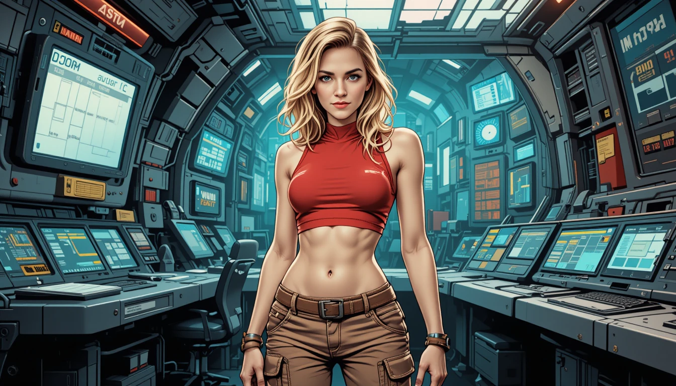 Guerrera futurista en una luminosa sala de control de nave espacial