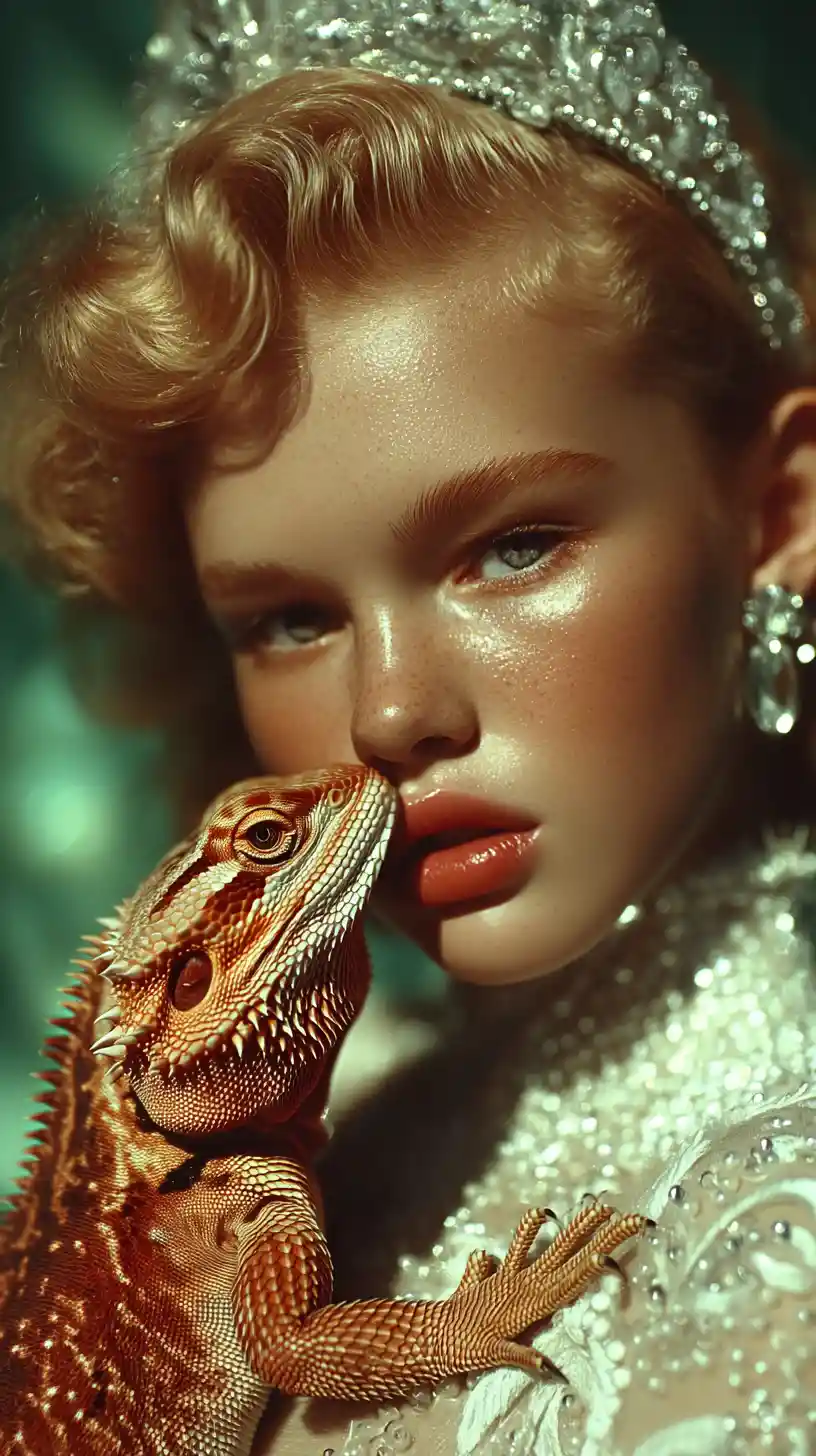 Mujer pelirroja con corona sosteniendo un lagarto cerca de los labios