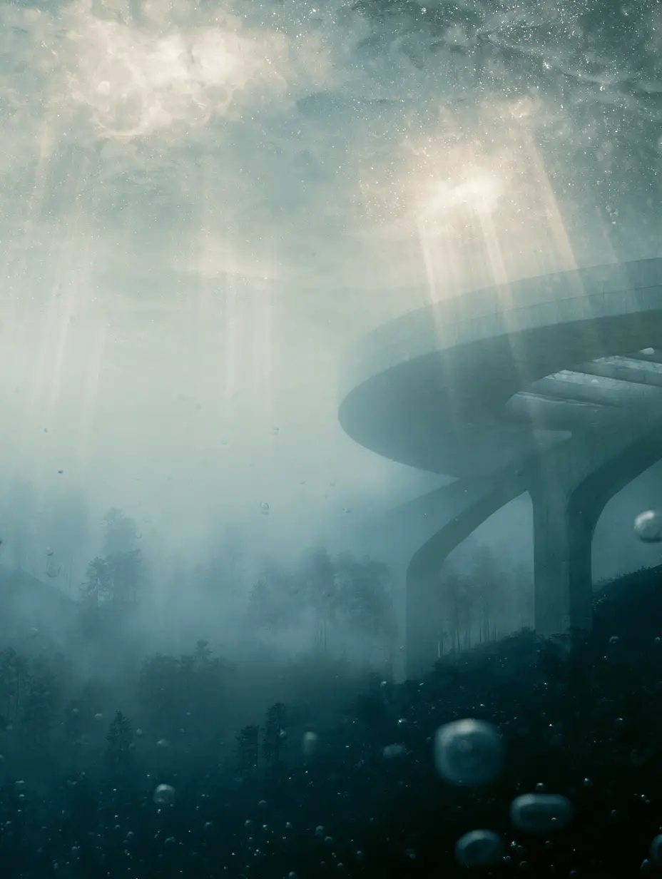 Arquitectura de hormigón entre la niebla en un bosque de montaña