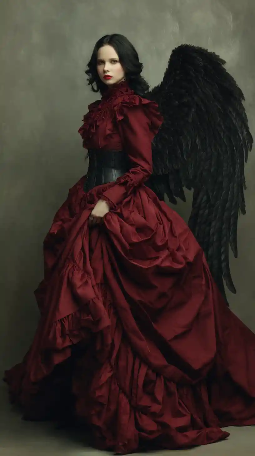 Mujer ángel oscura con vestido victoriano carmesí y alas negras