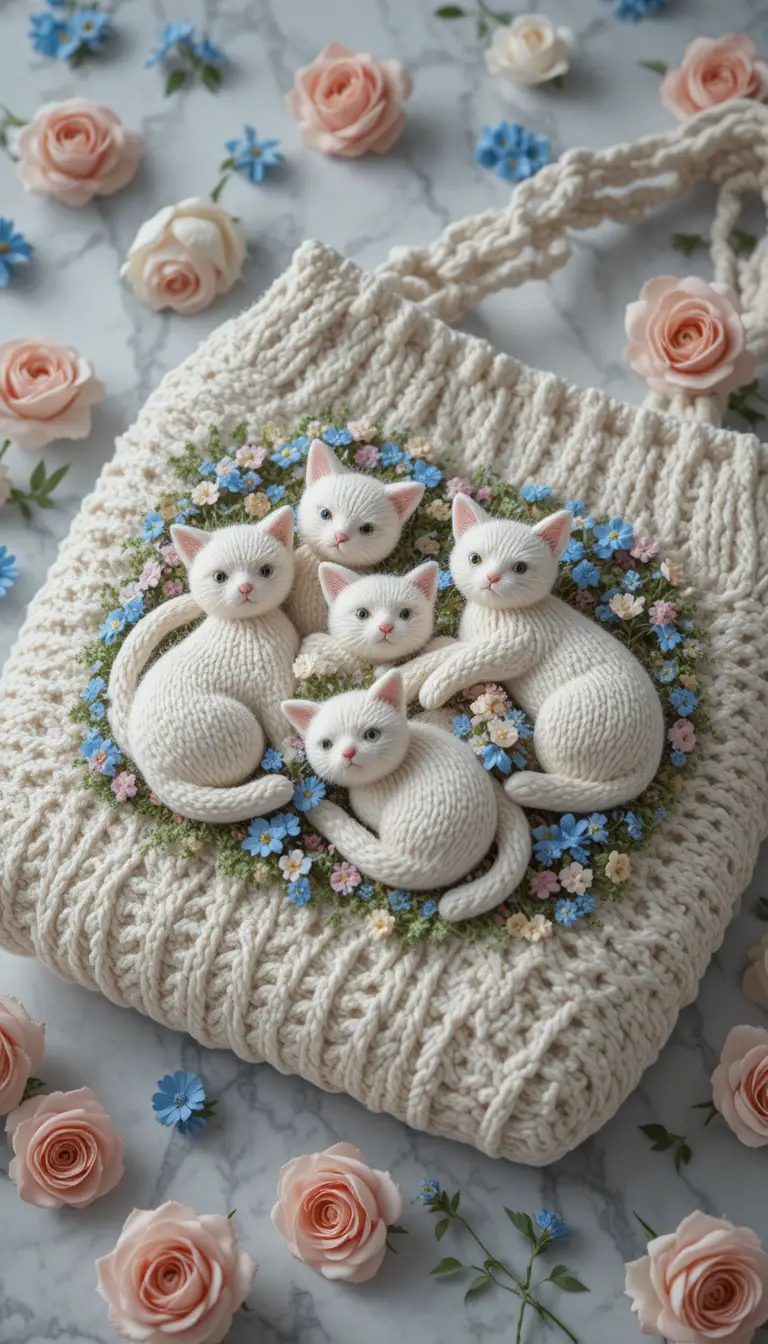 Bolso tejido blanco con gatos juguetones sobre mesa de mármol