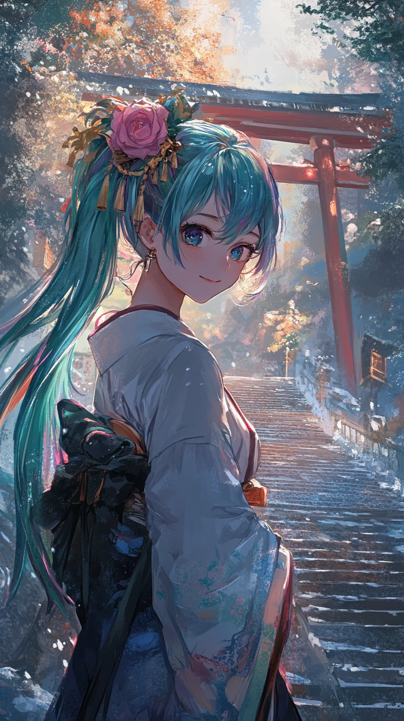 Anime girl at a hillside Japanese temple gate at sunset