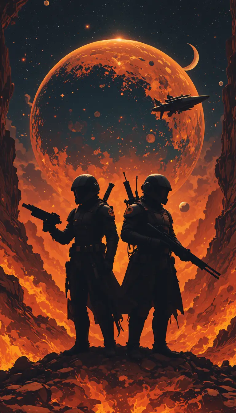 Deux guerriers armés en silhouette devant un ciel spatial flamboyant