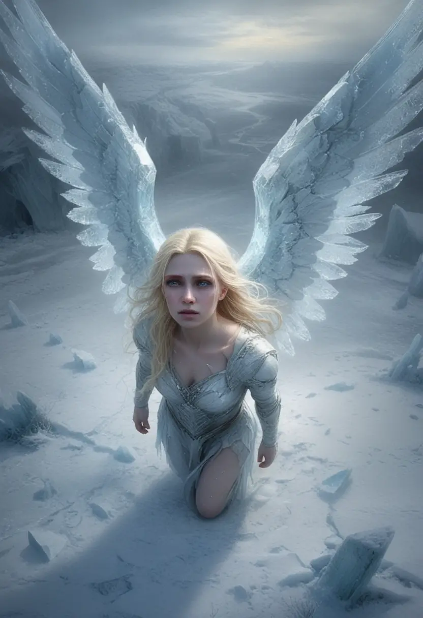 Ángel apenado con alas de hielo rotas en un páramo nevado