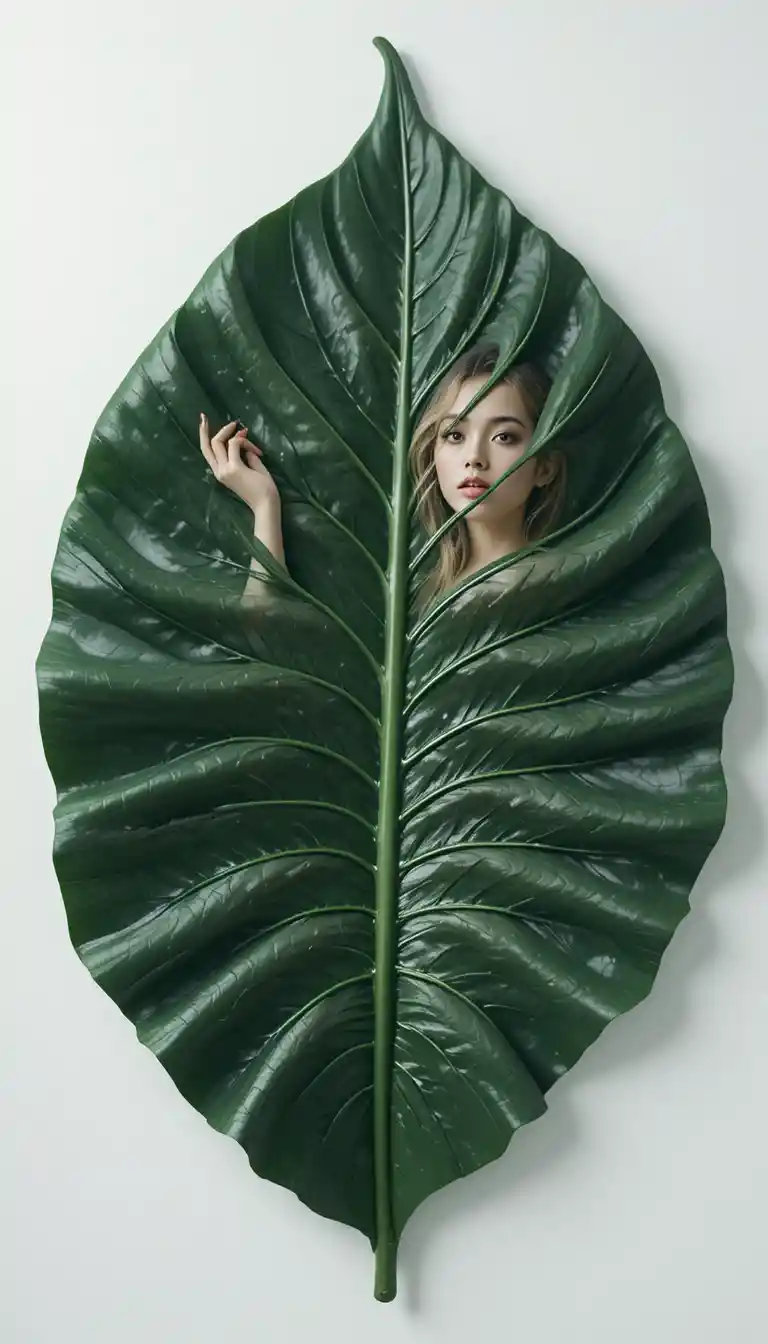 Retrato femenino elegante con forma de hoja de monstera