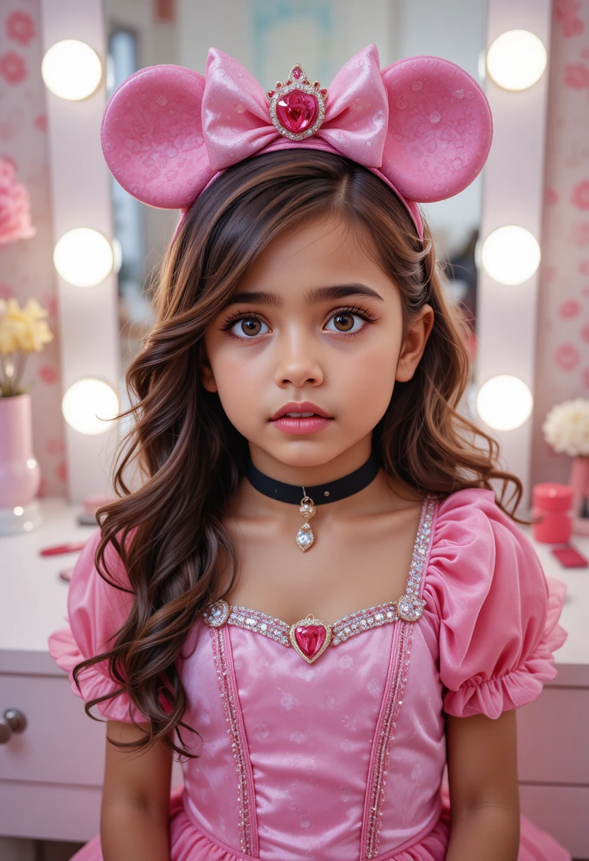 Preadolescente nervioso con disfraz de princesa frente al tocador rosa del dormitorio