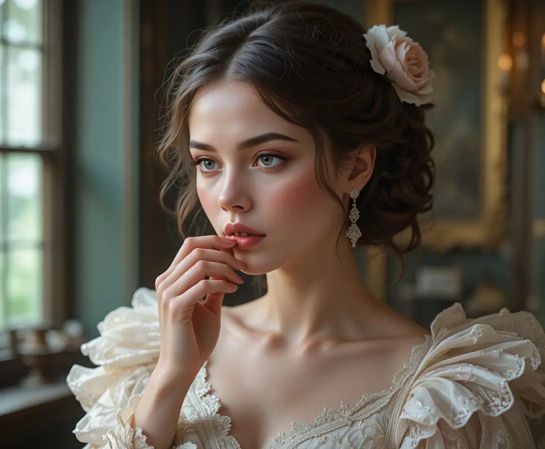 Chica victoriana de piel alabastrina con un vestido etéreo