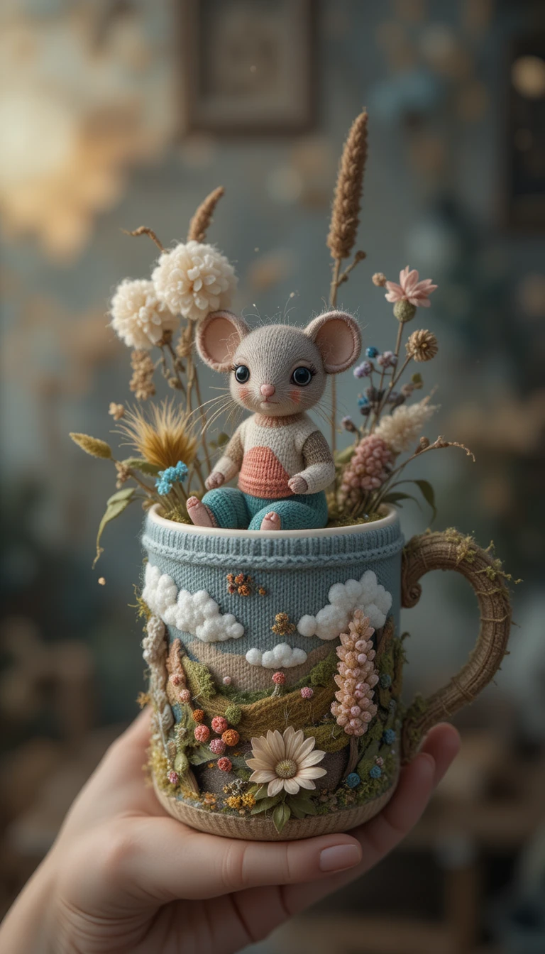 Ratón 3D tejido en una escena de taza con espadaña esponjosa