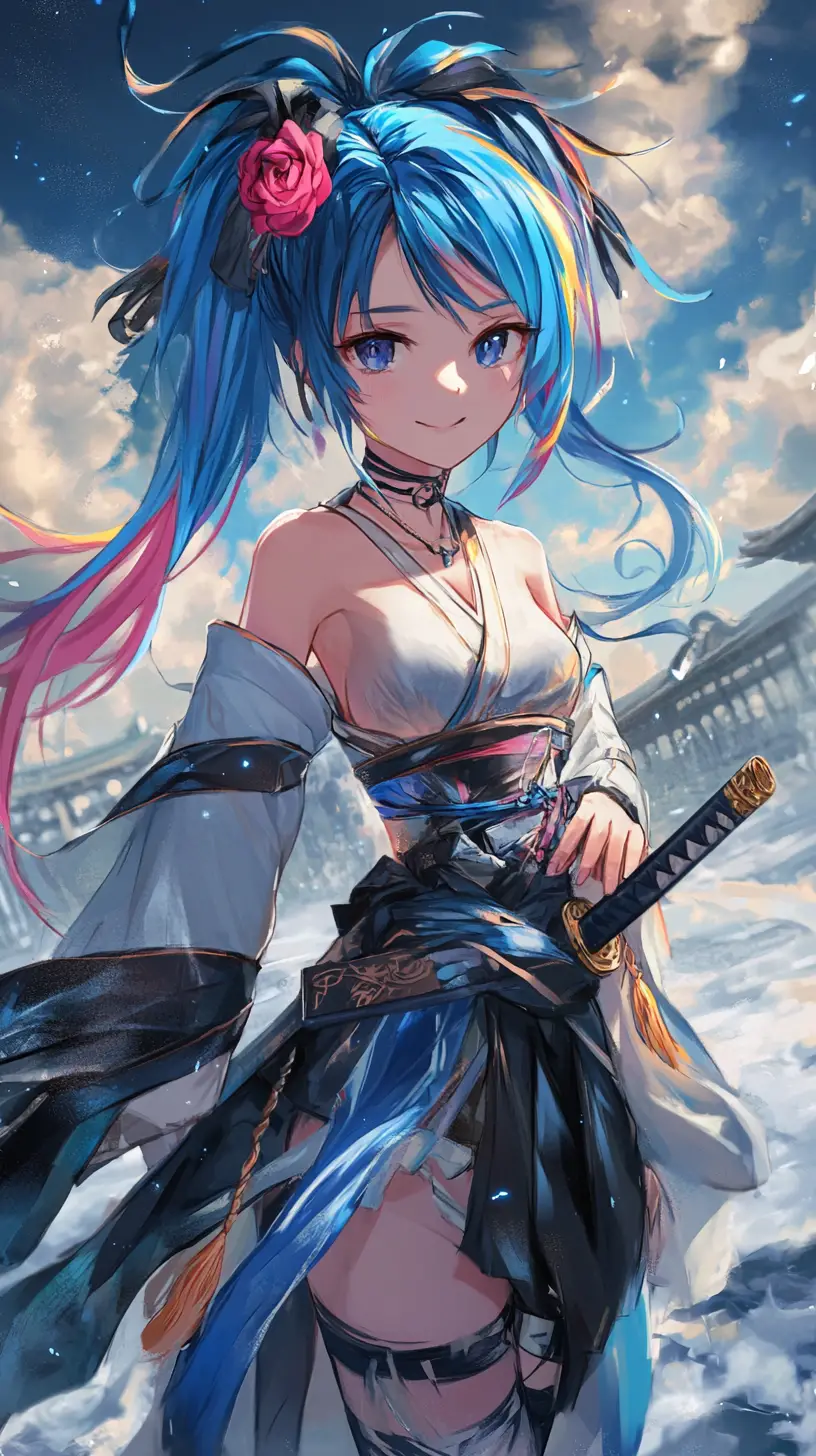 Chica de anime caminando feliz por una playa al atardecer
