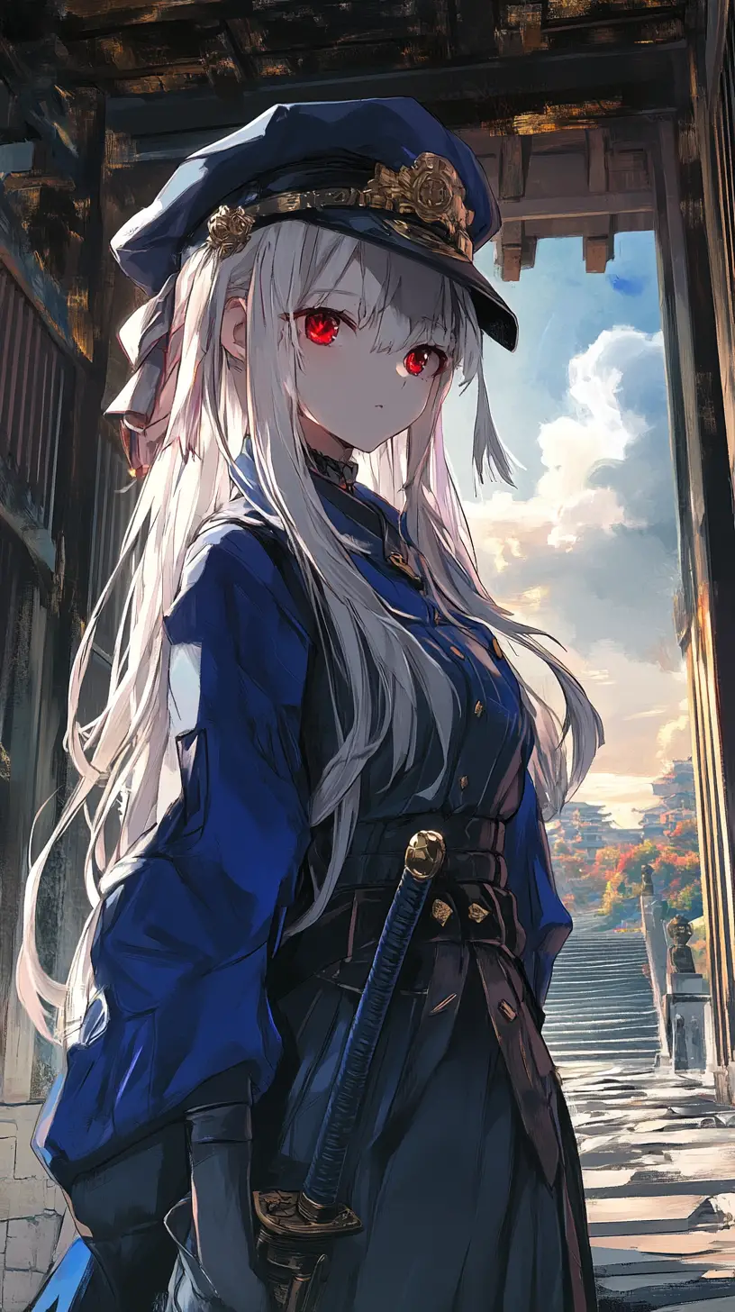 Chica de anime descansando junto a la puerta de un palacio de huesos
