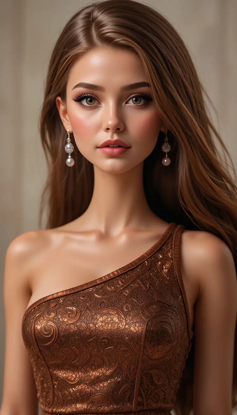 Retrato de mujer elegante con top marrón de un solo hombro