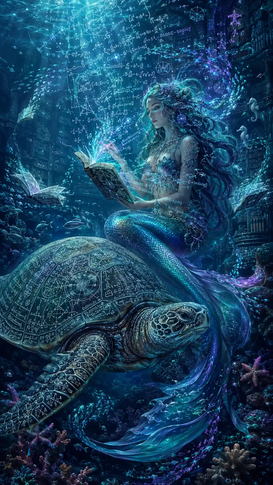 Sabia sirena guardiana en una luminosa biblioteca submarina