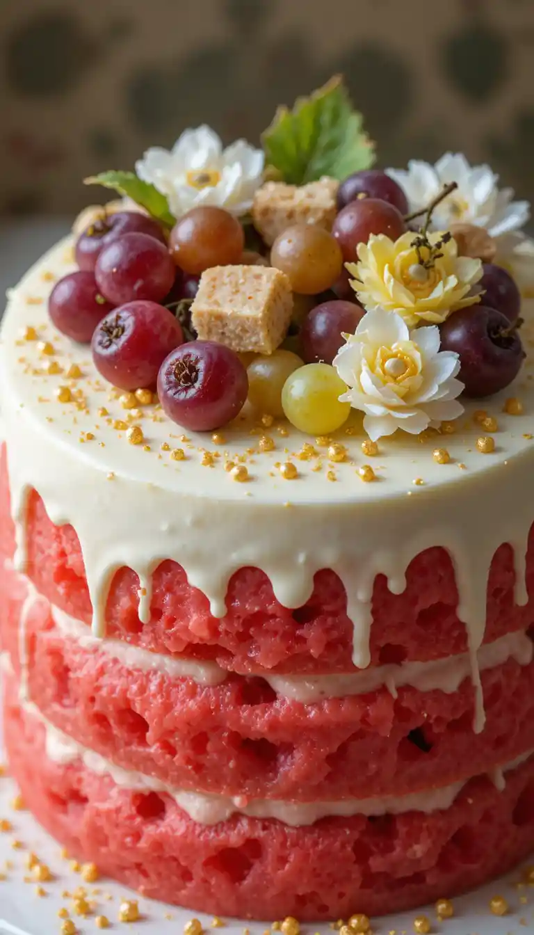 Pastel de sandía por capas con uvas y flores de crema
