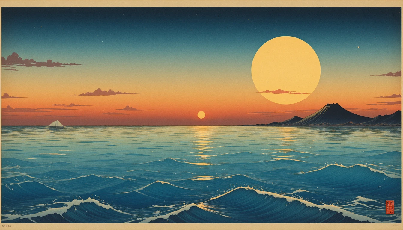 Surrealer Ukiyo-e-Sonnenuntergang über ruhigem azurblauem Meer