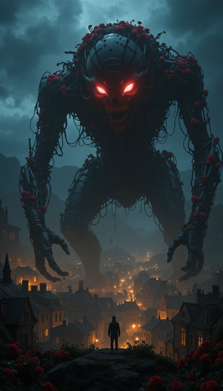 Gigante mecánico sobre oscura ciudad europea de noche