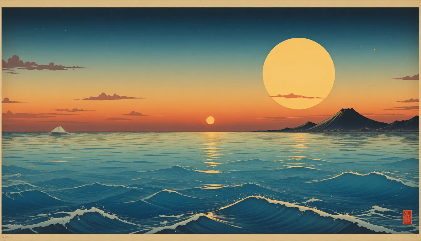 Atardecer surrealista estilo ukiyo-e sobre un mar azul celeste y en calma