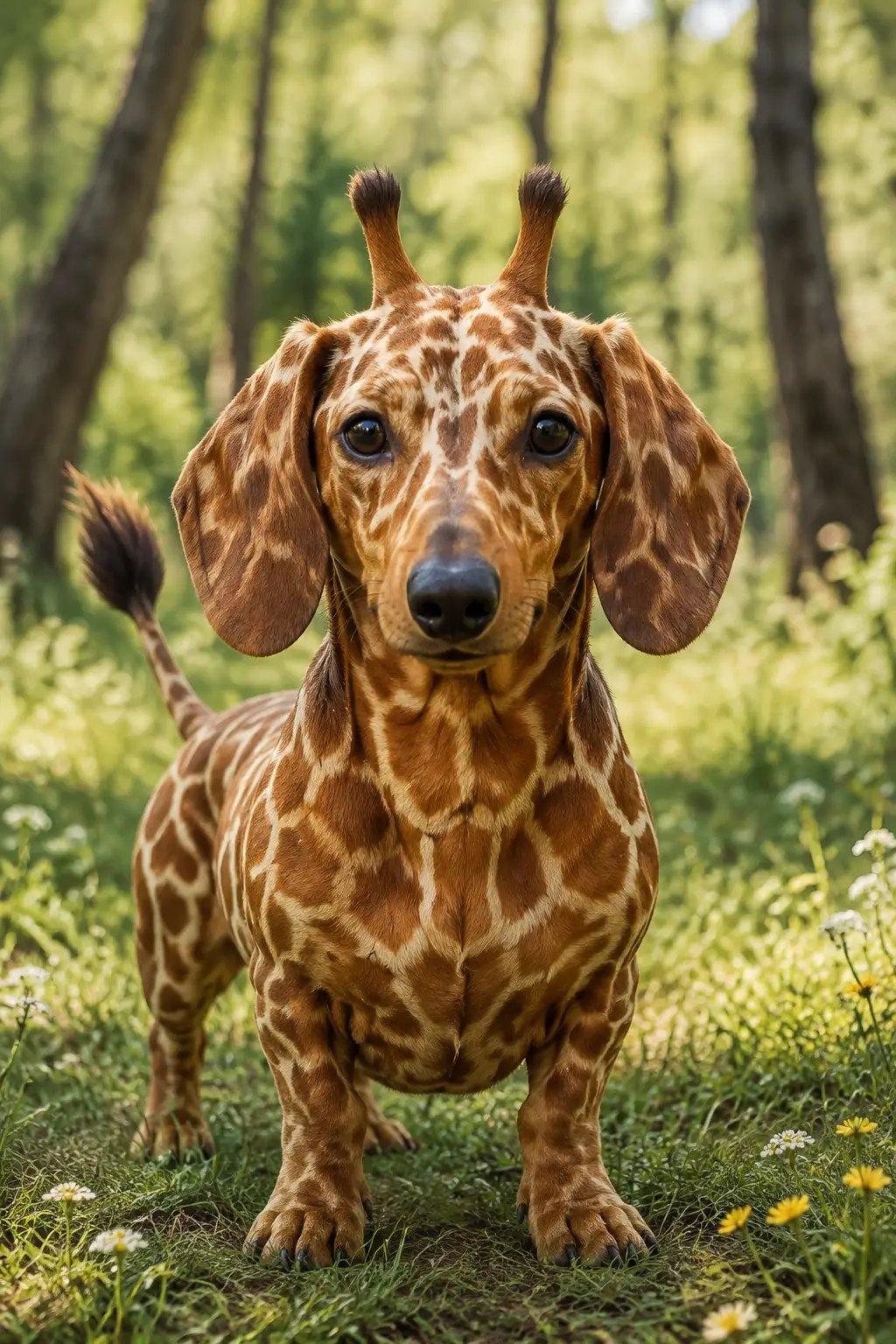 Niedliche Fantasy-Dackel-Giraffe-Hybride in einem sonnigen Hain
