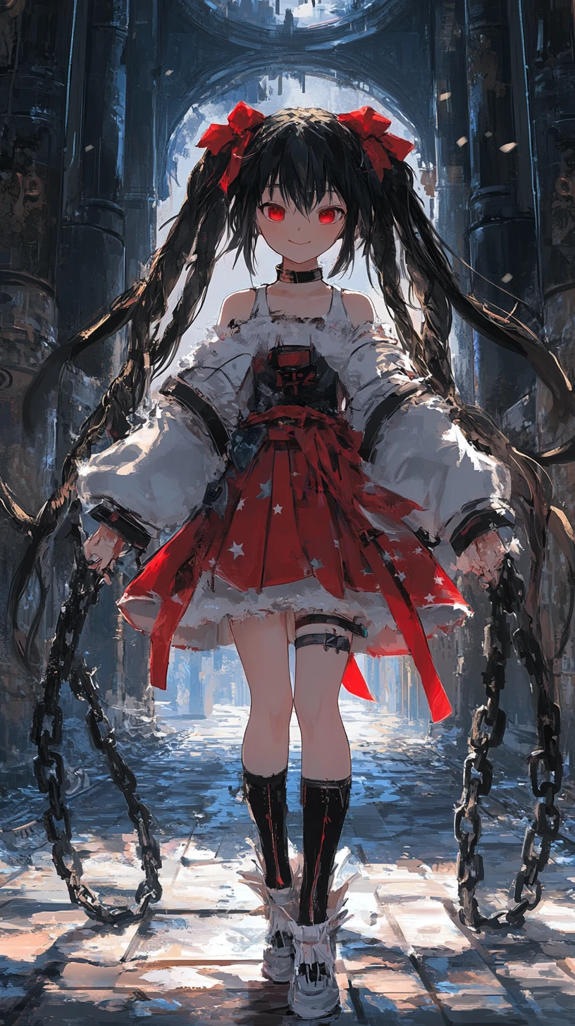 Anime girl with chains and red poncho in dark outfit