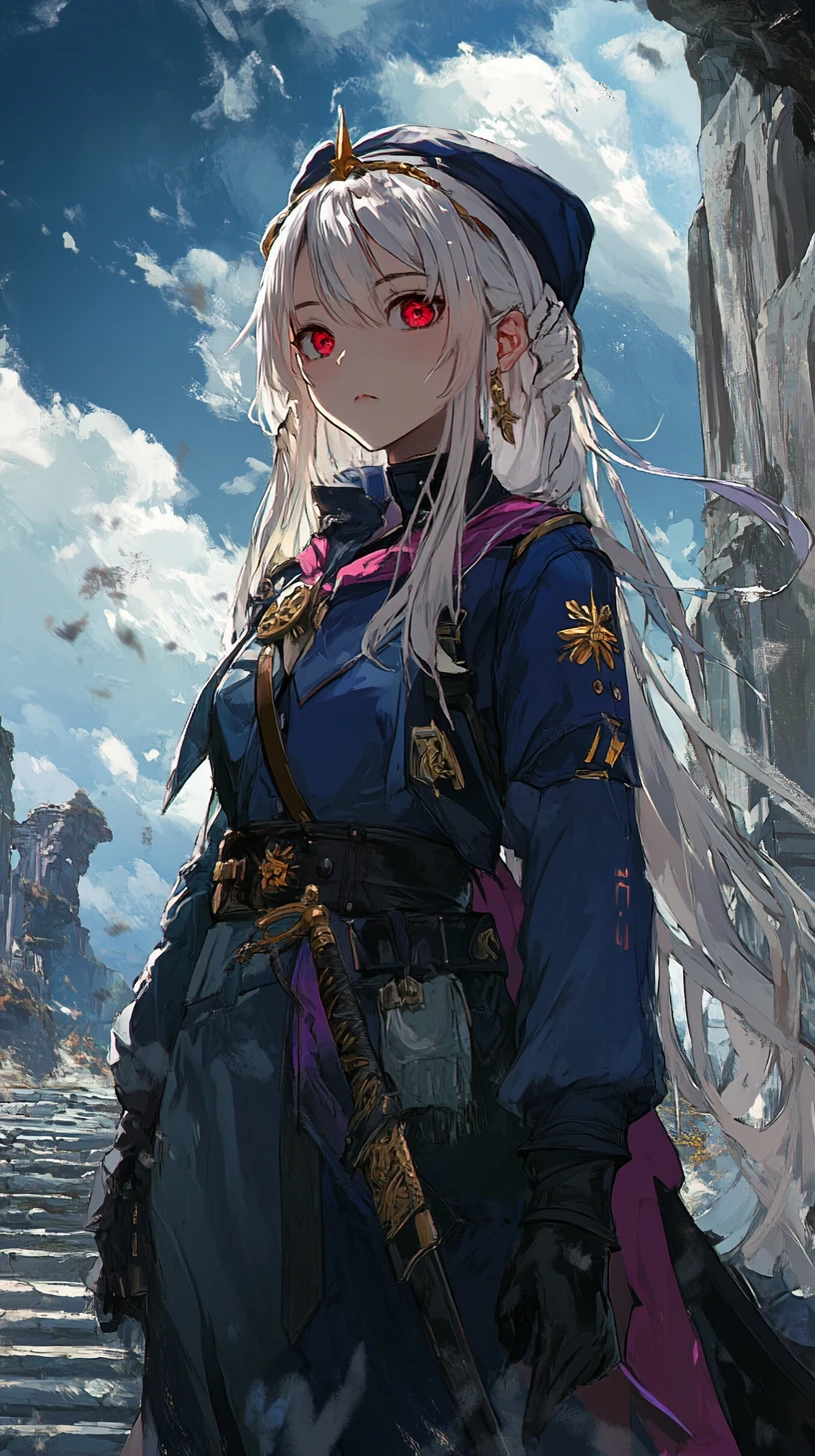 Anime girl preparing for battle at a bone palace gate