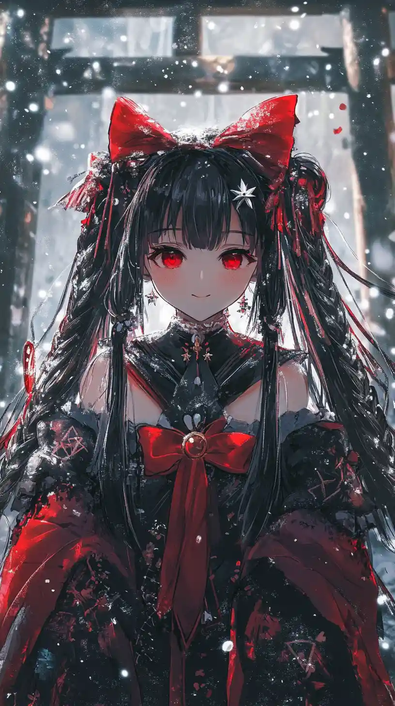 Ragazza anime con catene e poncho rosso che sorride con sicurezza