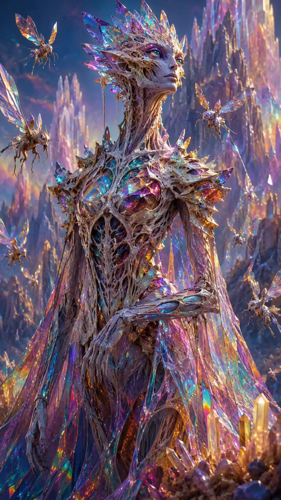 Regal alien with crystalline skeleton amid living quartz mountains
