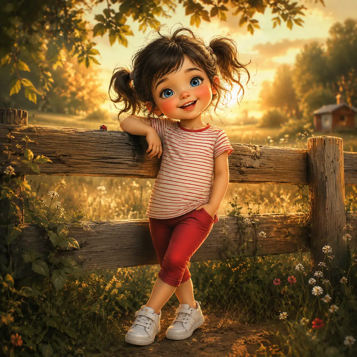 Niña pequeña juguetona junto a una cerca de madera al atardecer