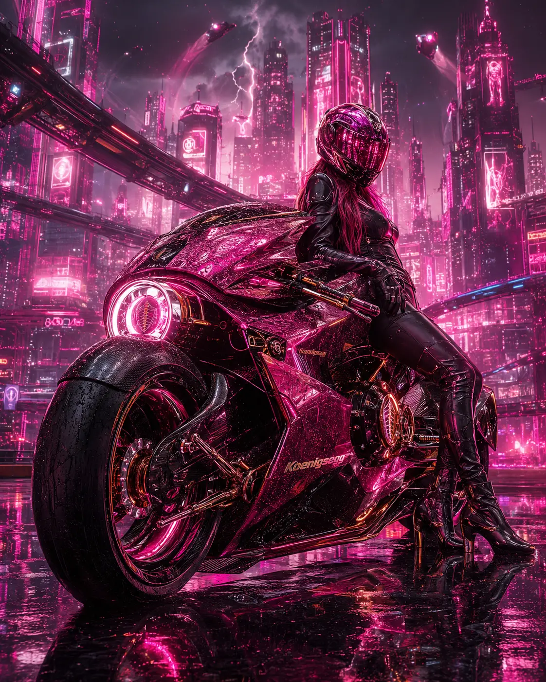 Motociclista futurista con moto neón de noche