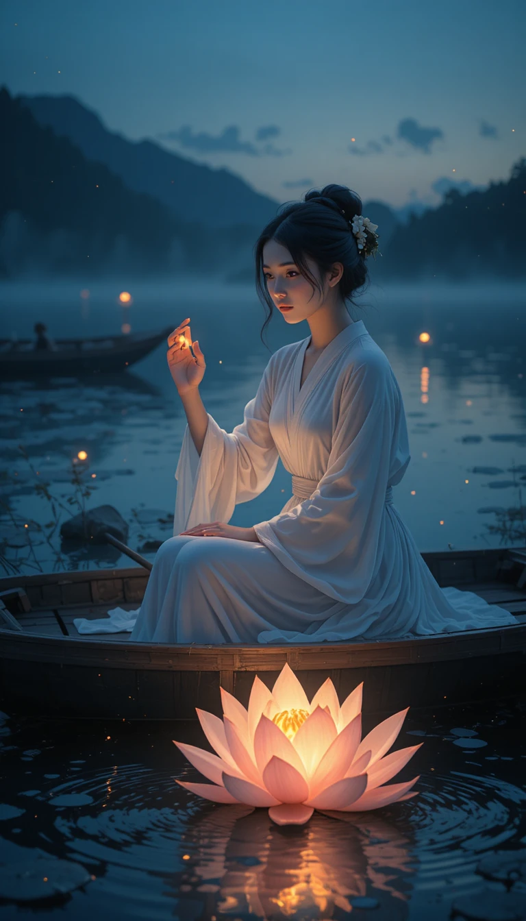 Mujer en un bote alcanzando un loto luminoso al atardecer
