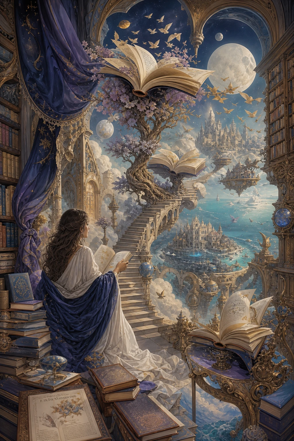 Biblioteca flotante surreal entre sueños con escaleras infinitas