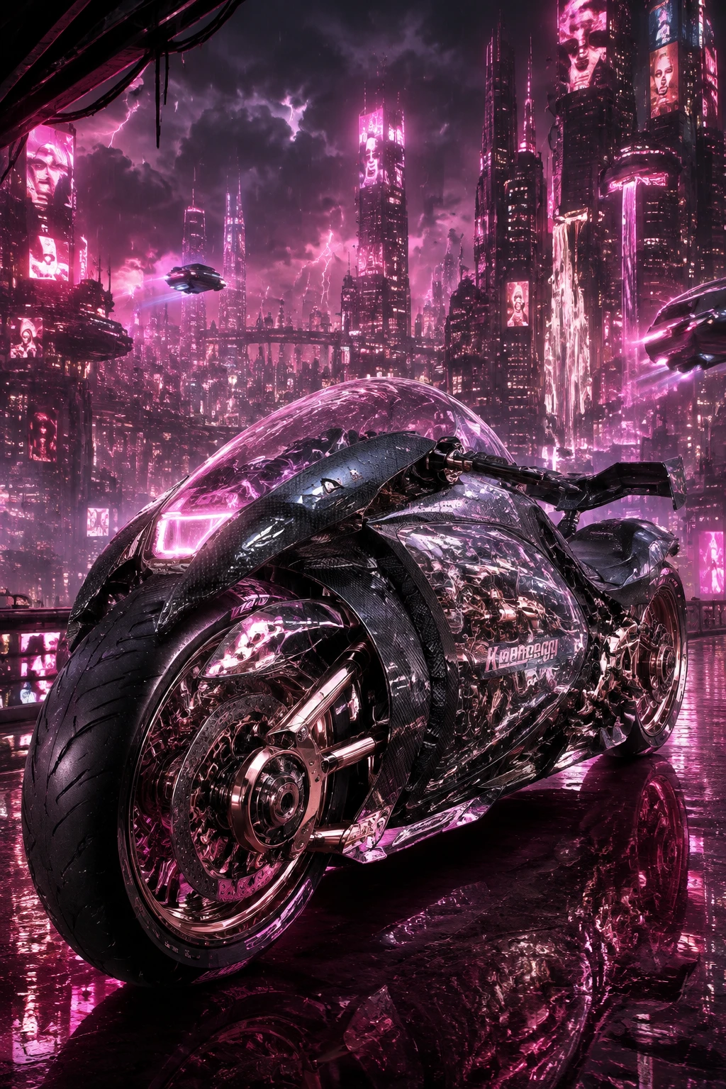 Motocicleta futurista de carbono junto a megaciudad cyberpunk neón