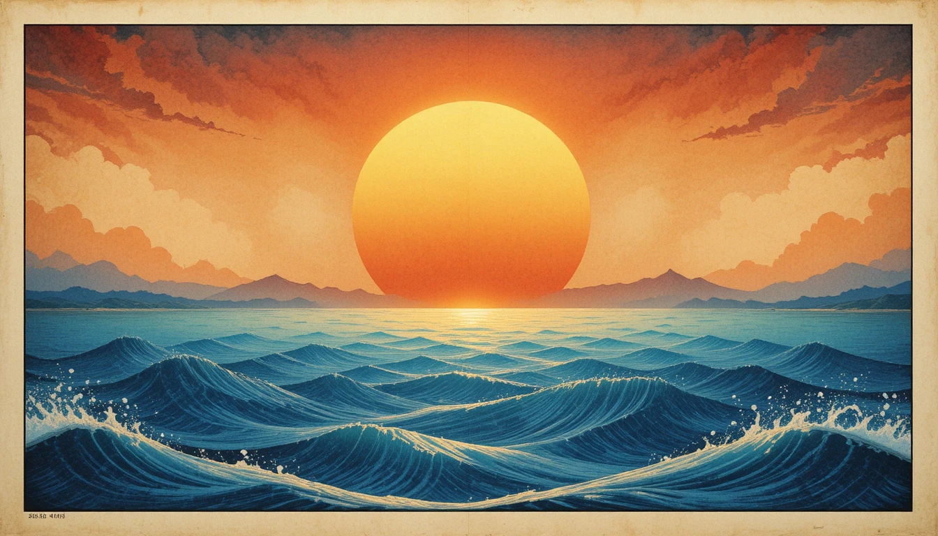 Ukiyo-e-Sonnenuntergang mit feuriger Sonne über ruhigem blauem Meer