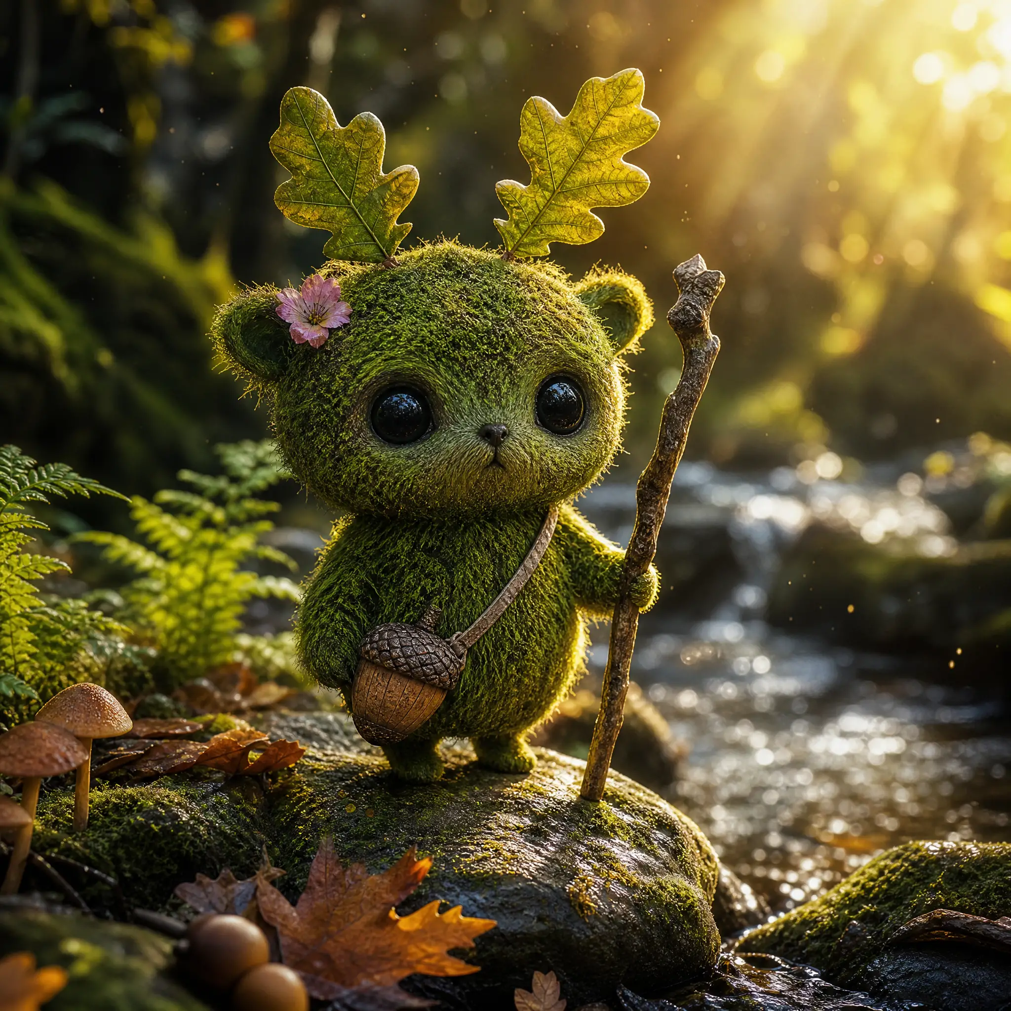 Winziger Mooswächter an einem leuchtenden Waldbach