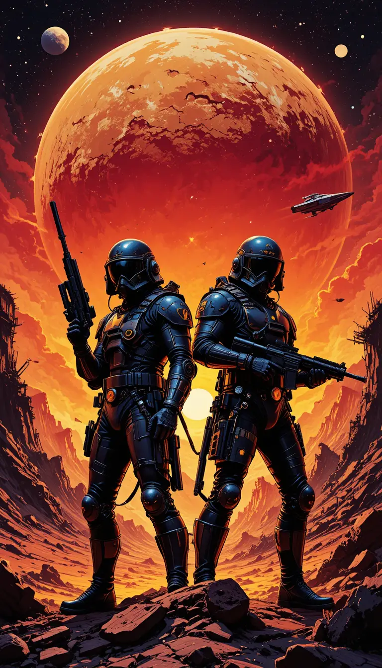 Dos guerreros espaciales en silueta frente a un cielo alienígena ardiente