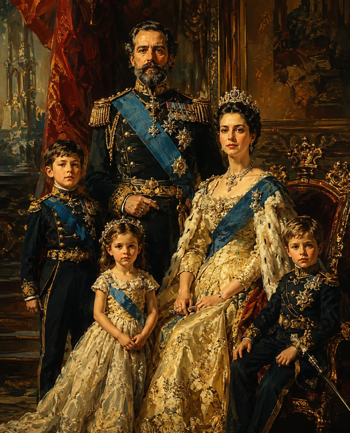 Majestuoso retrato de familia real en ricos tonos de pintura al óleo