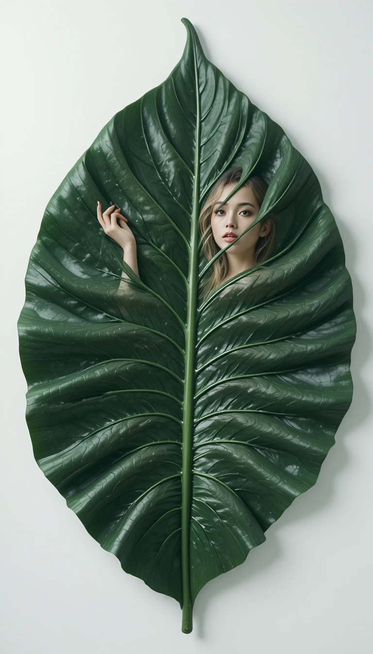 Retrato femenino elegante con forma de hoja de monstera