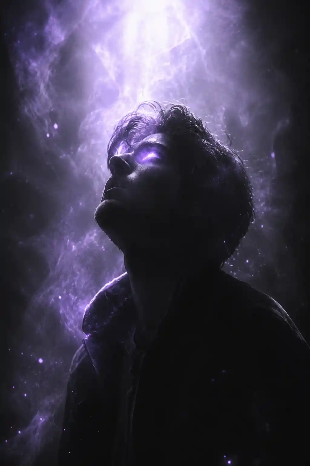Ritratto monocromatico con occhi soprannaturali luminosi in ultravioletti