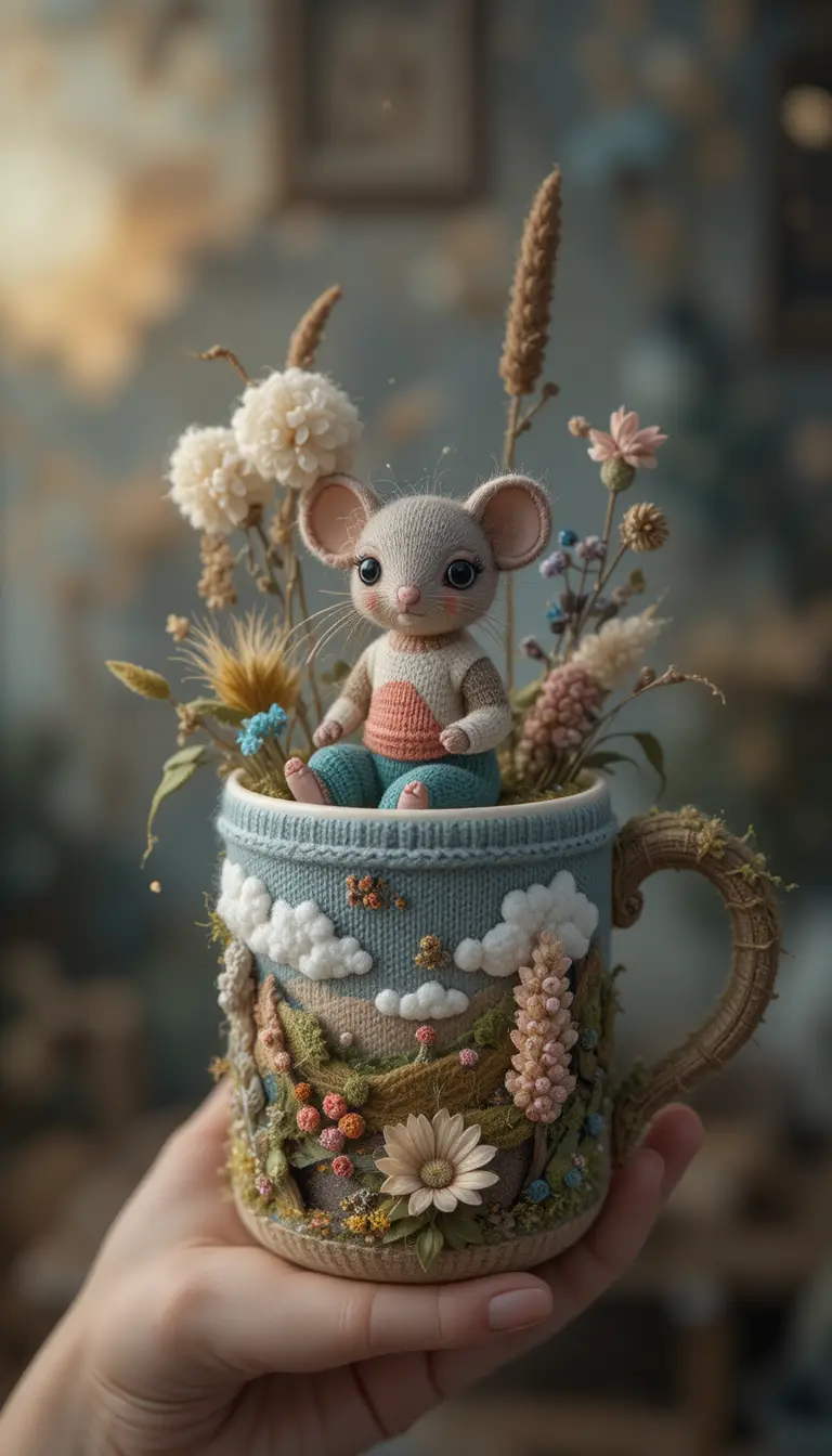 Ratón 3D tejido en una escena de taza con espadaña esponjosa