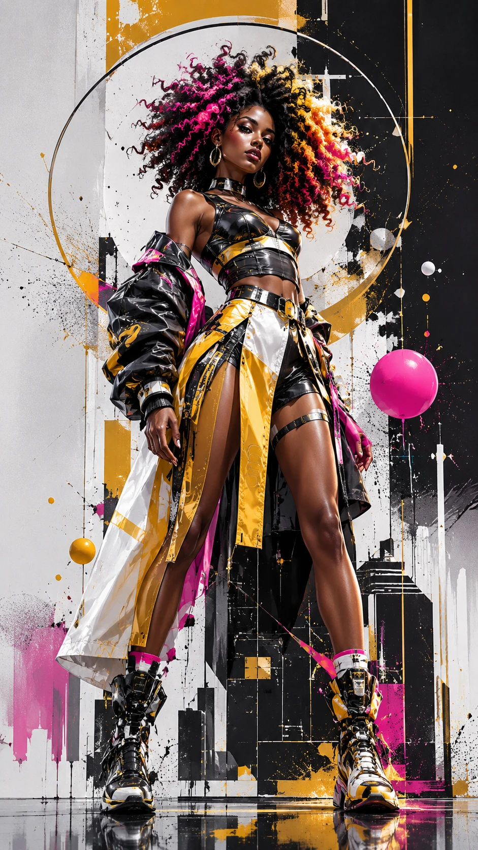 Mujer de moda futurista con rizos vibrantes en vista a contra picado