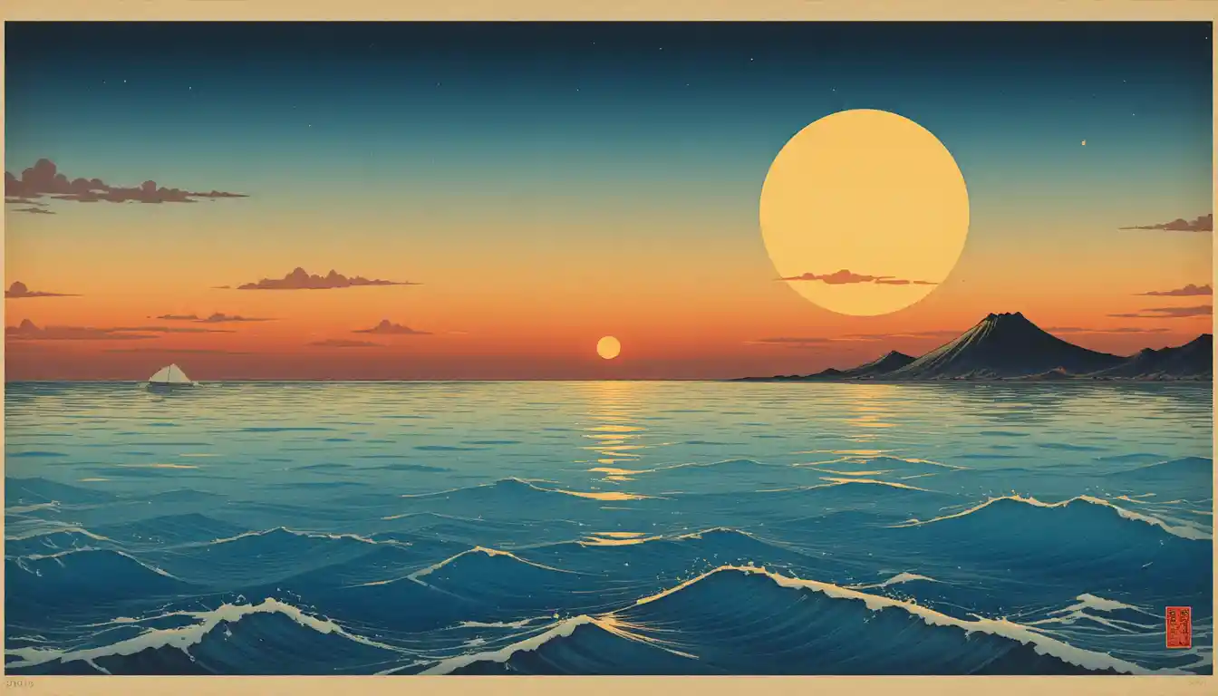 Surrealer Ukiyo-e-Sonnenuntergang über ruhigem azurblauem Meer