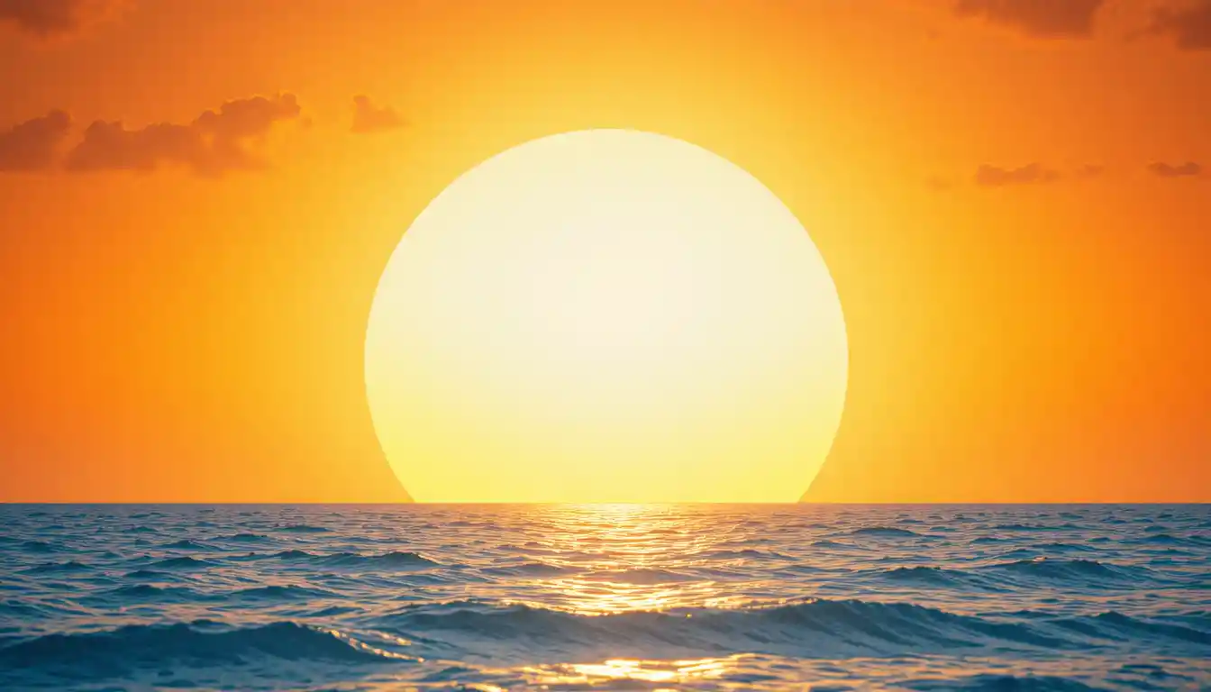 Nahaufnahme eines Sonnenuntergangs über einem azurblauen Meer