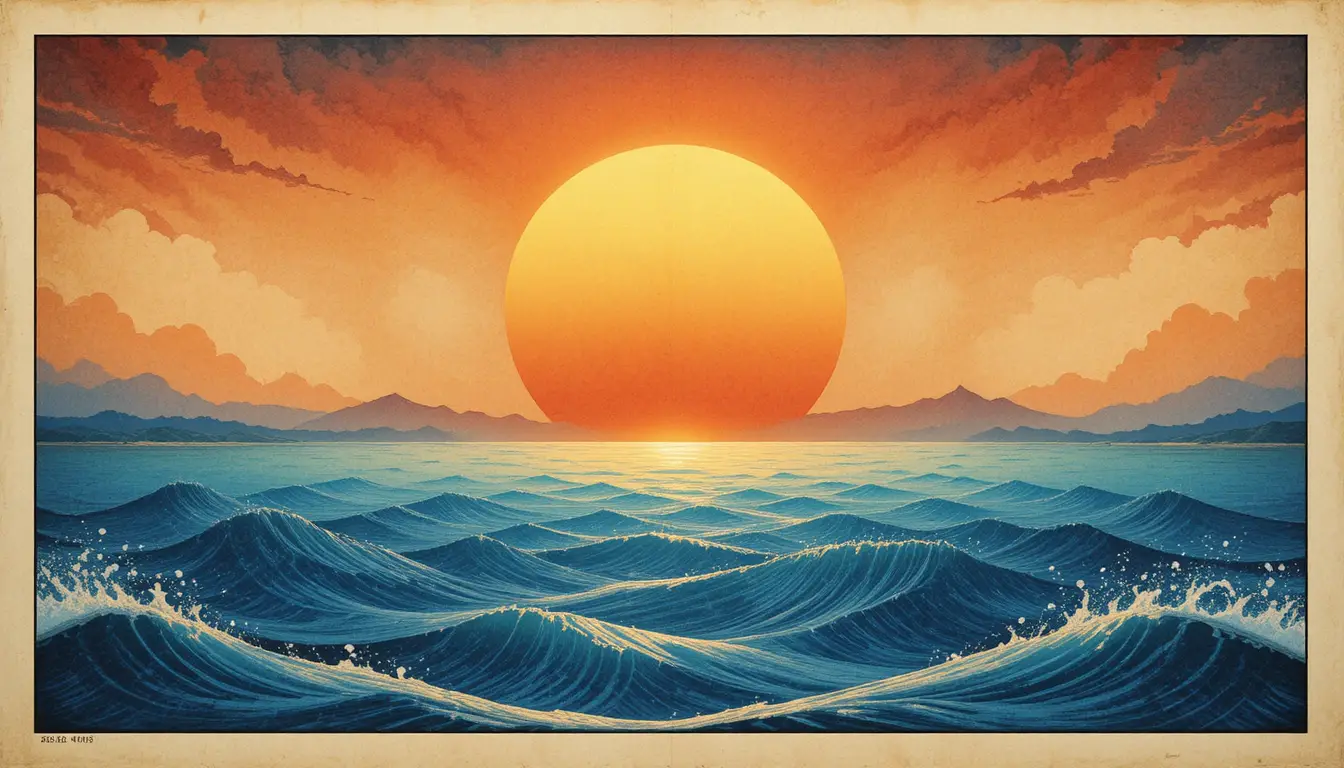 Atardecer ukiyo-e con sol ardiente sobre mar azul y tranquilo