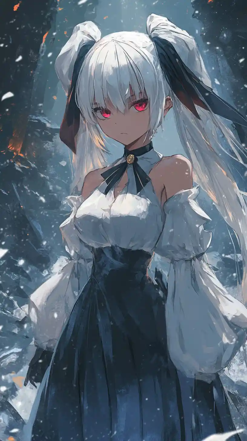 Anime girl with white braids in stained blue skirt