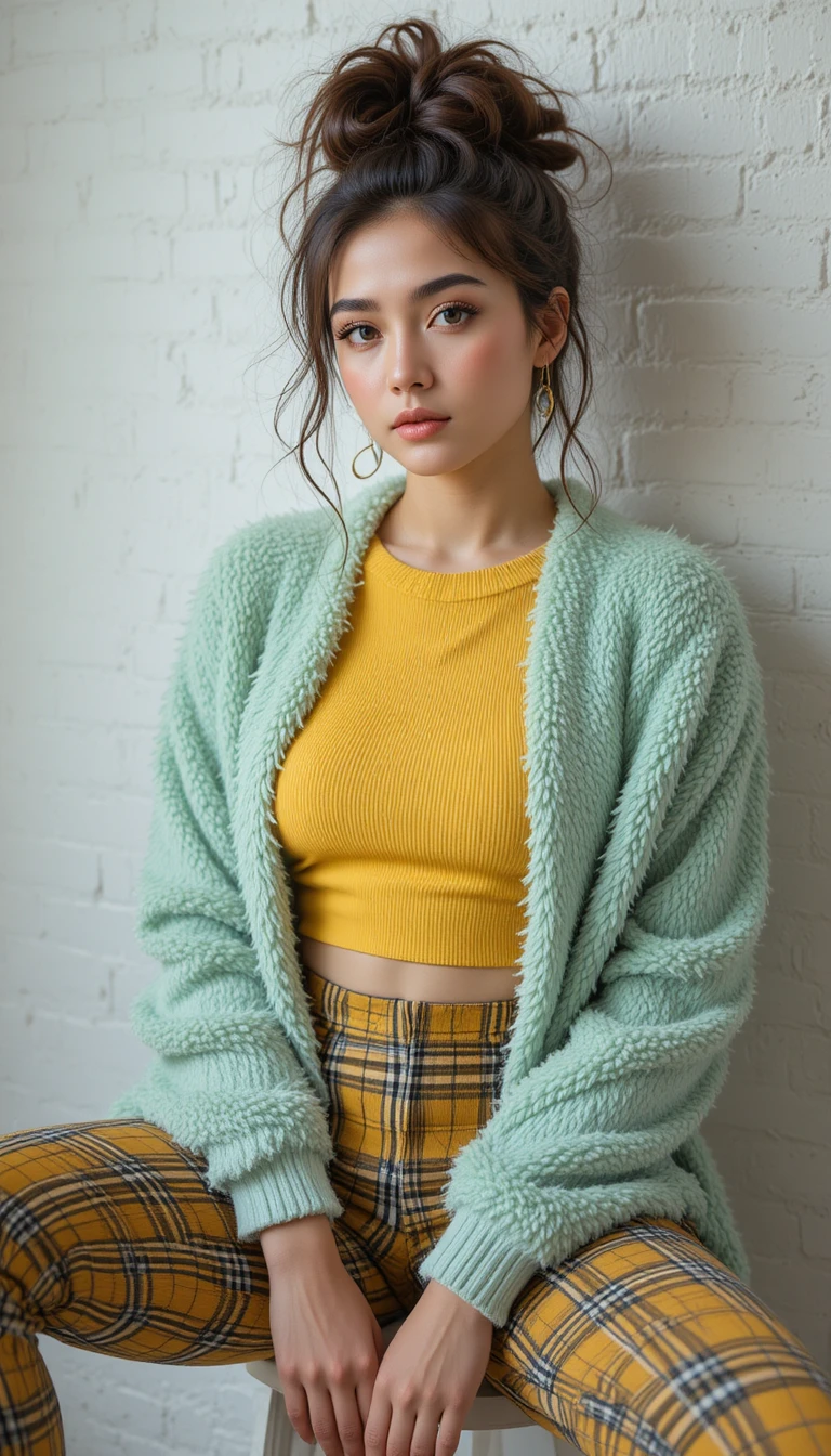 Mujer segura en retrato de estudio chic con pantalones a cuadros