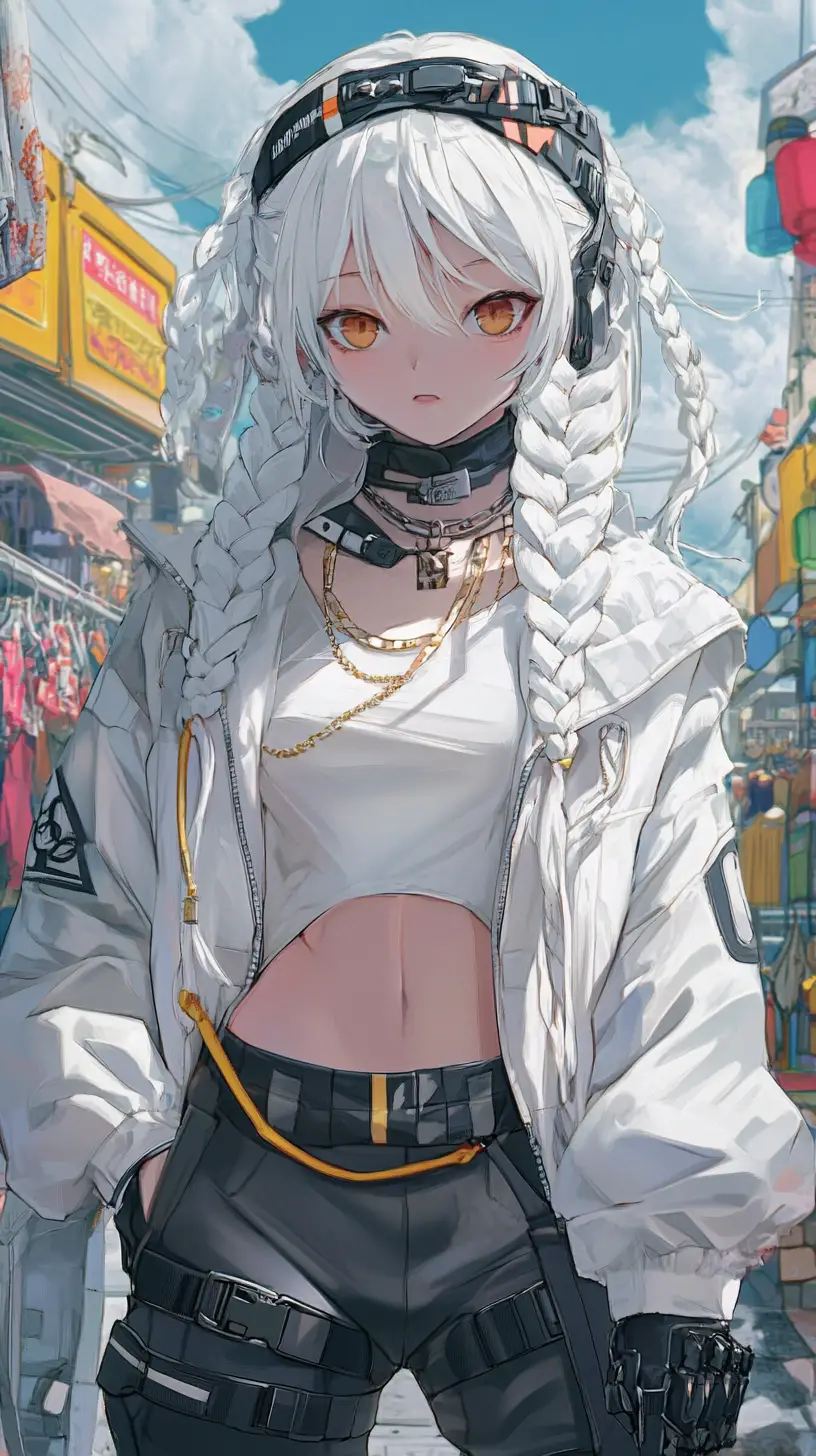 Chica de anime de pelo blanco con máscara en un puerto marítimo ocupado