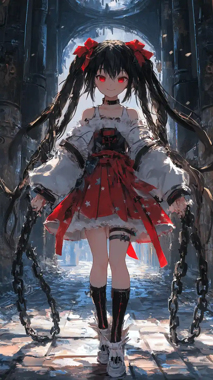 Anime-Mädchen mit Ketten und rotem Poncho in dunklem Outfit