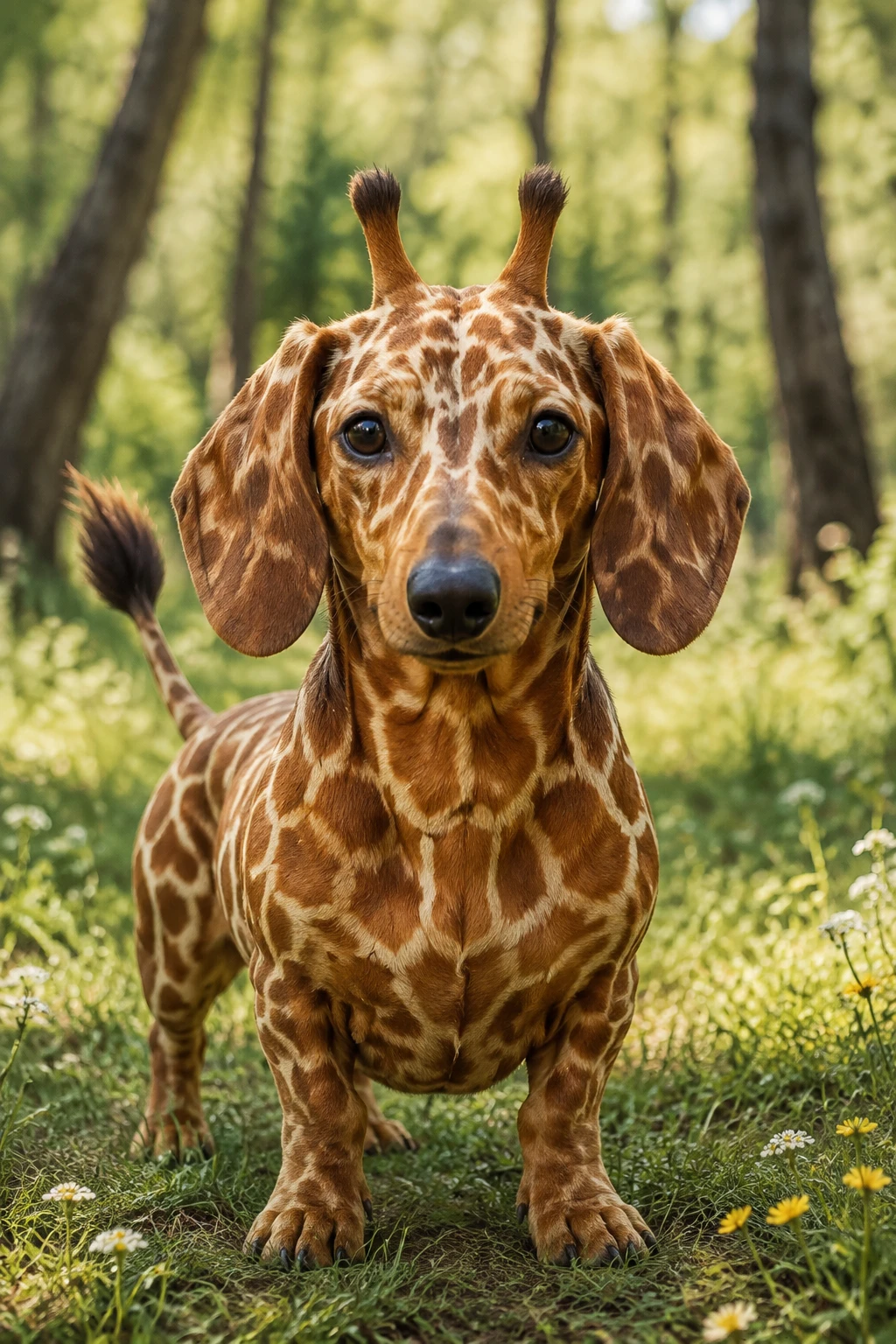 Adorable híbrido de perro salchicha y jirafa en un claro soleado